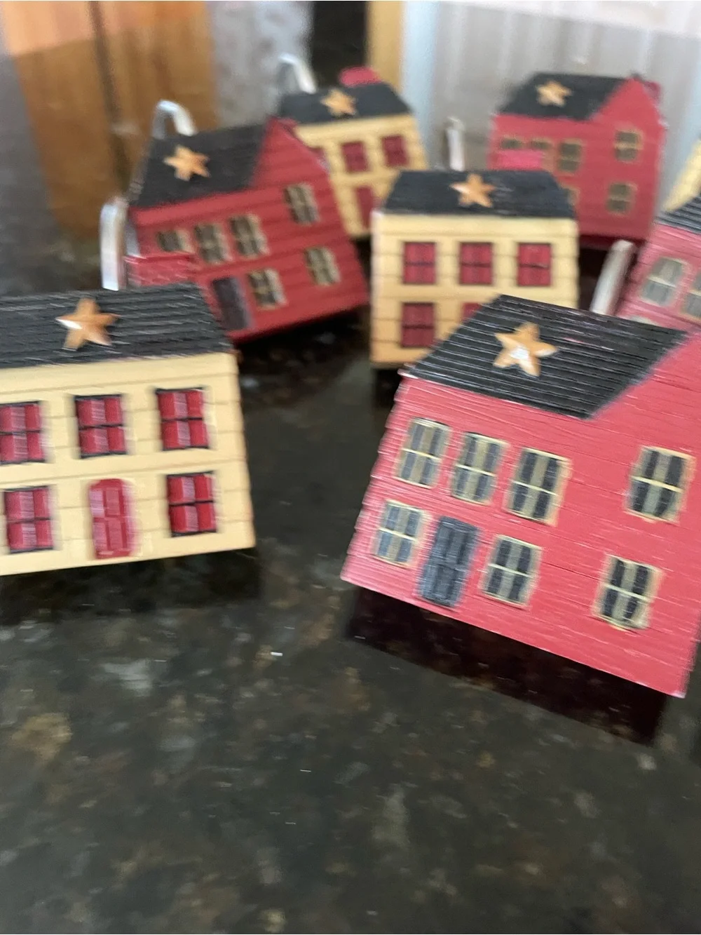 Shower Curtain Hooks - Primitive Distressed-Red Black & Cream Houses - Set of 12